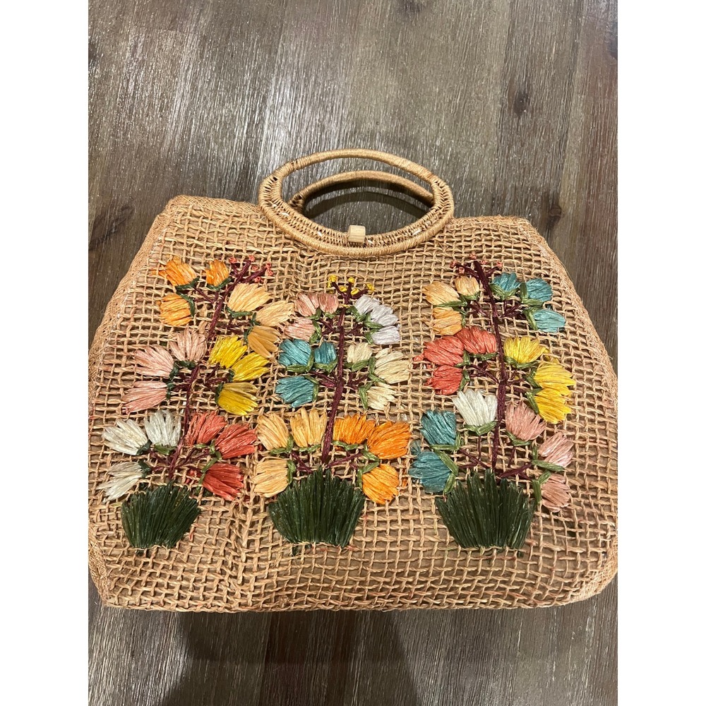Vintage Floral Raffia Straw Tote Bag Woven Summer Beach Handbag Tan Multi